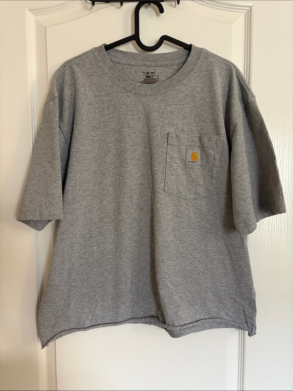 Carhartt Cropped Loose Fit Gray Pocket Tee with Yellow Logo Patch